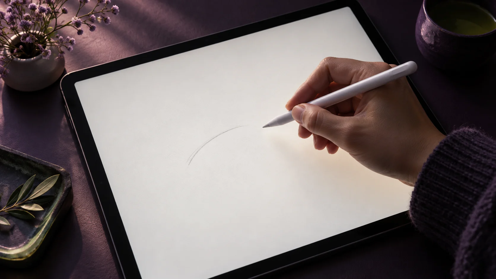 يد تمسك قلمًا رقميًا فوق مساحة رسم شبه فارغة على جهاز لوحي، وبداخلها أول خط خفيف