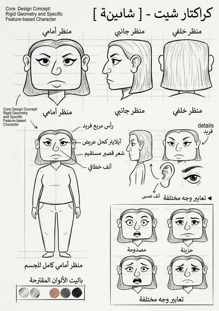 كاركتر شيت لشخصية شاهينة يوضح المناظر الأمامية والجانبية والخلفية وتعبيرات الوجه وتفاصيل التصميم